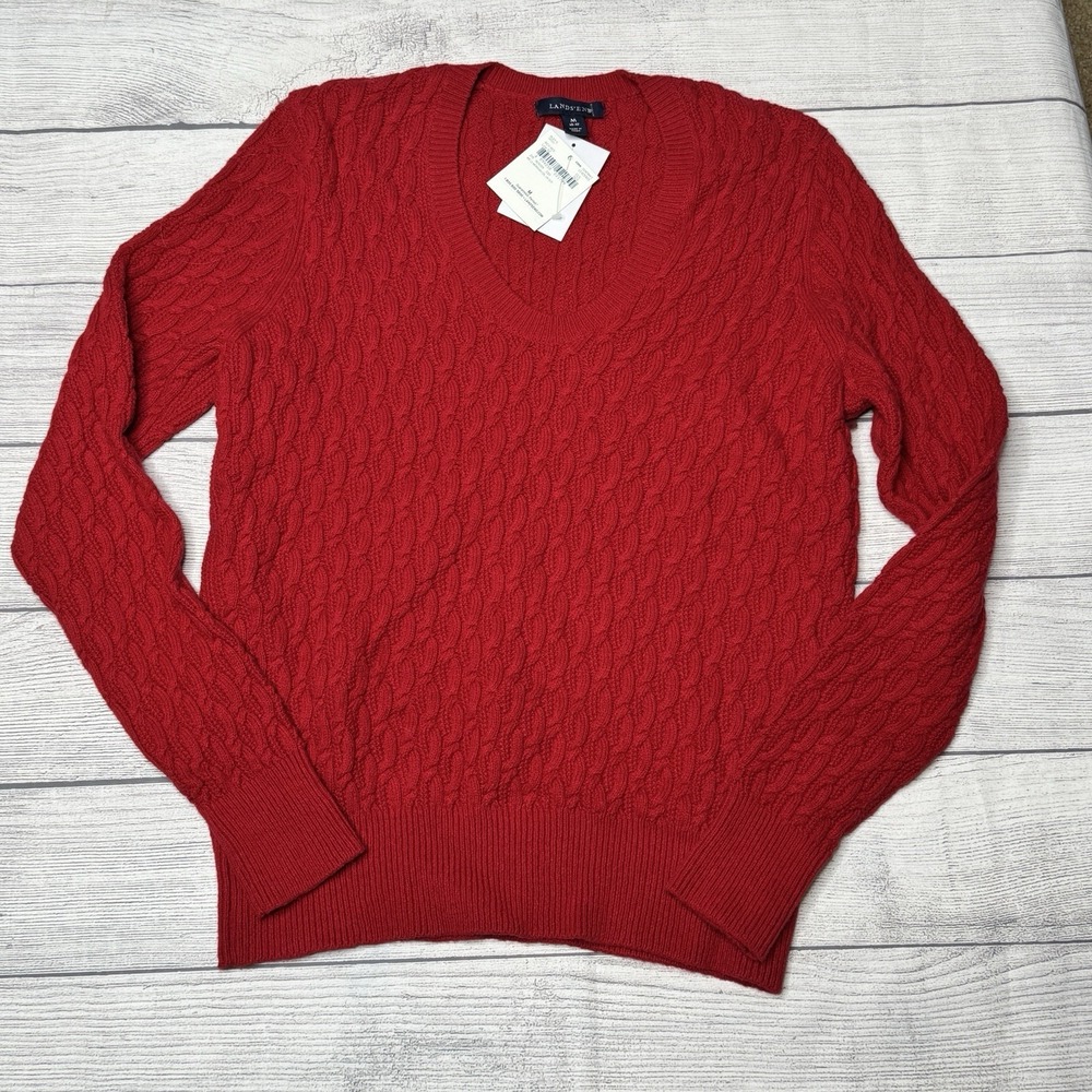 Lands End Meridian Women's V-Neck‎ Cable Knit Sweater Rich Red Medium NWT